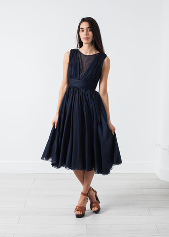 Voile V-Neck Dress in Navy - michael-dev