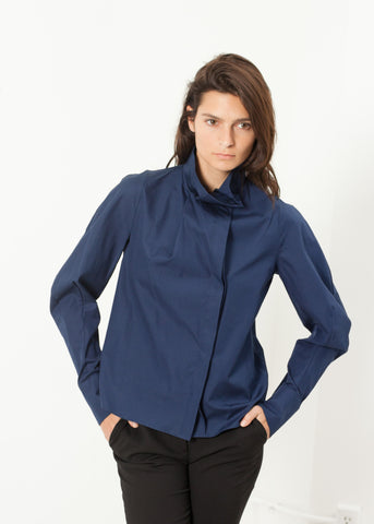 Full Collar Poplin Blouse in Navy - michael-dev