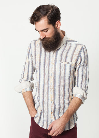 Linen Western Shirt in Beige/Blue - michael-dev